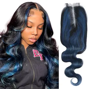 ALHER Black Mix Blue Highlight Body Wave Long Deep Part 2x6 Lace Closure #1B/Blue Colored Closure Free Part 4x4 Lace Closure 100% Virgin Remy Human Hair Bundles with 13x4 HD Transparent Lace Frontal Closure Ear to Ear