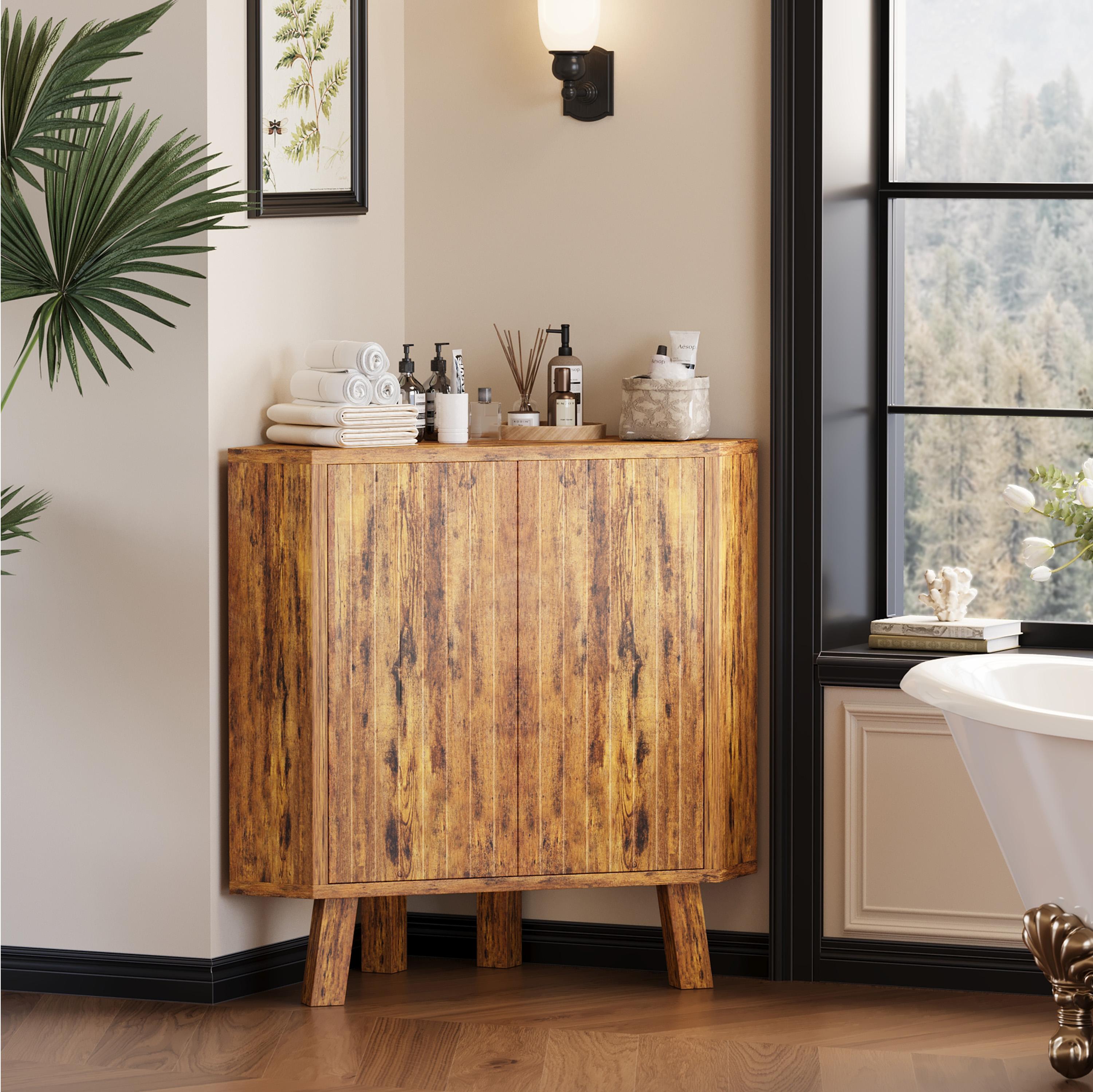 31.5'' Corner Cabinet with Doors, 3-Tier Industrial Fluted Corner Shelf with Adjustable Shelf, Freestanding Triangle End Table for Living Room, Bedroom, Kitchen, Bathroom 31.5'' Corner Cabinet with Doors, 3-Tier Industrial Fluted Corner Shelf with Adjustable Shelf, Freestanding Triangle End Table for Living Room, Bedroom, Kitchen, Bathroom