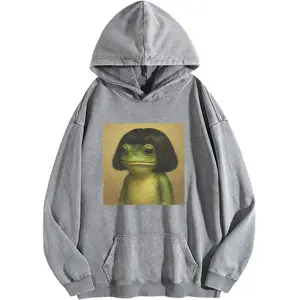 Holafish Unisex Frog emoticon pack Print Acid Wash Hoodie Vintage Sweatshirt Oversized Loose Fit Winter Warm Streetwear Casual Tunic graphic Crewneck