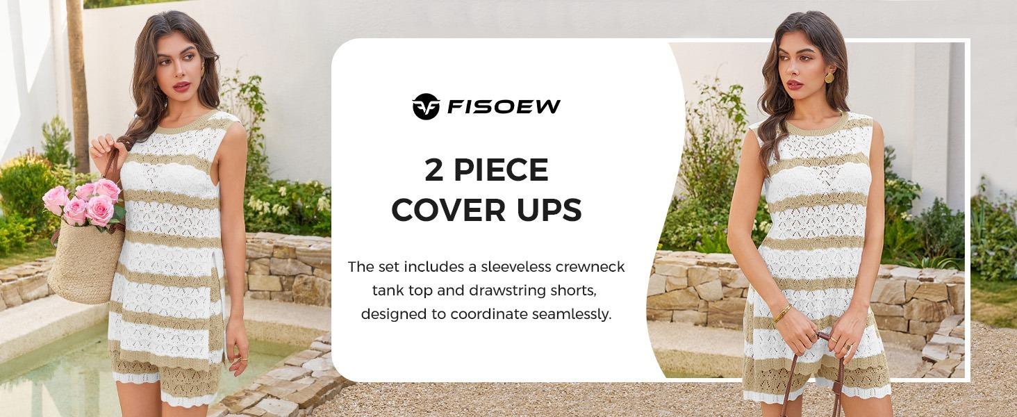 Fisoew Womens Striped Crochet Knit 2 Piece Set Sleeveless HollowOut Tank Top & Matching Shorts Breathable Beach Casual Outfit for Summer Vacation SpringStatements