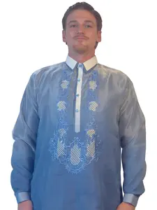 Handmade Kapamilya Barong Tagalog for Men - Long Sleeve Traditional Filipino Shirt -  Baby Blue Organza - US Size