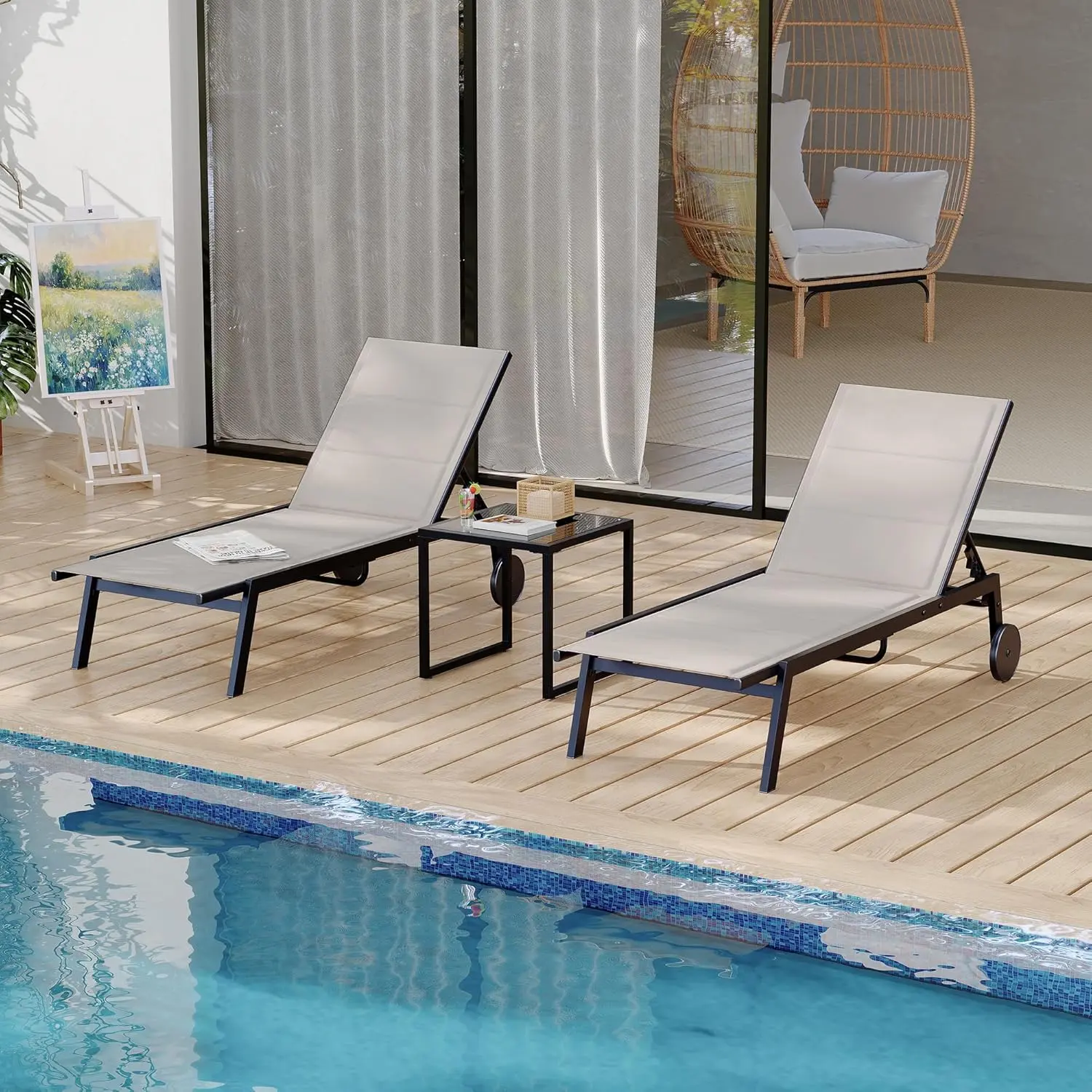 3-Piece  Outdoor Lounger Chairs Patio Chaise Lounge Chair Set with Adjustable Backrest & Wheels – Outdoor Lounger Chairs with Side Table, Ideal for Poolside, Garden, Lawn, Deck