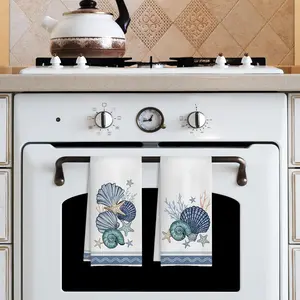 2 PCS Coastal Beach Kitchen Towels  Ocean Seashell Hand Towels for Bathroom Coastal Dish Towels for Kitchen Beach Bathroom Kitchen Decor 16x24 Inches