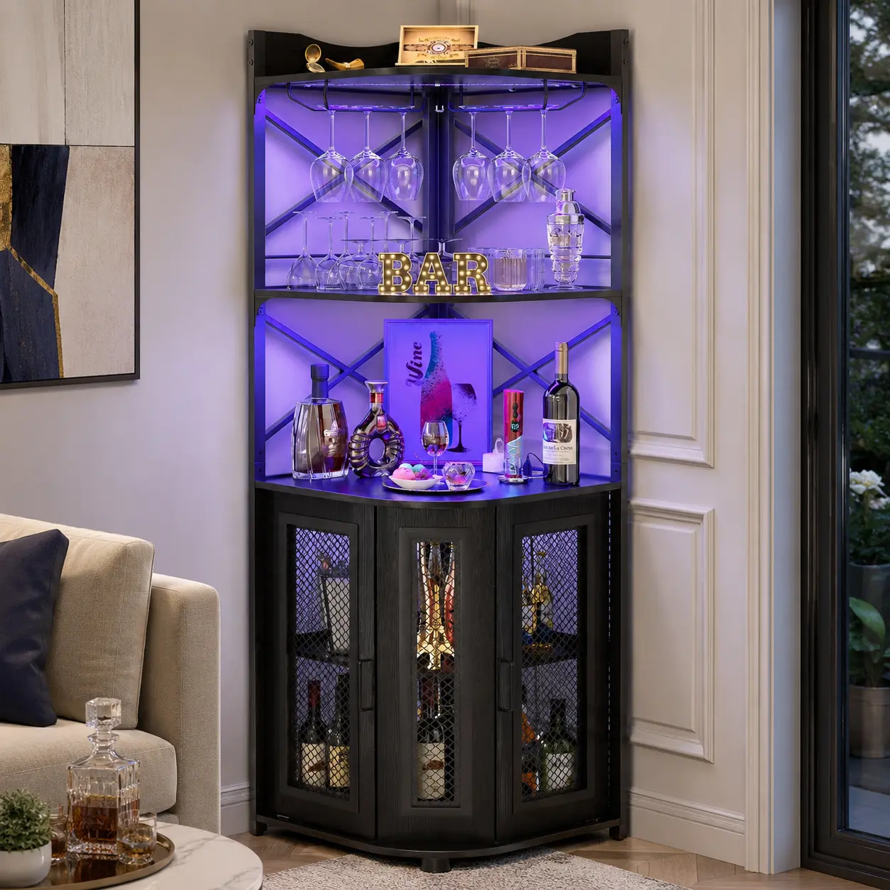 Homieasy LED Corner Bar Cabinet with Power Outlet, Industrial Wine Cabinet with LED Strip and Glass Holder, 5-Tiers Liquor Cabinets Bar Unit for Home, Corner Display Cabinets for Small Space