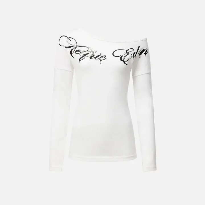 Aelfric Eden Off-The-Shoulder Rhinestone Script Long Sleeve Tee  Slim Fitted Silhouette Asymmetric Off-Shoulder Neckline Rhinestone Gothic Script Print High-Stretch Knit Fabric Y2K Edgy Streetwear Women Top