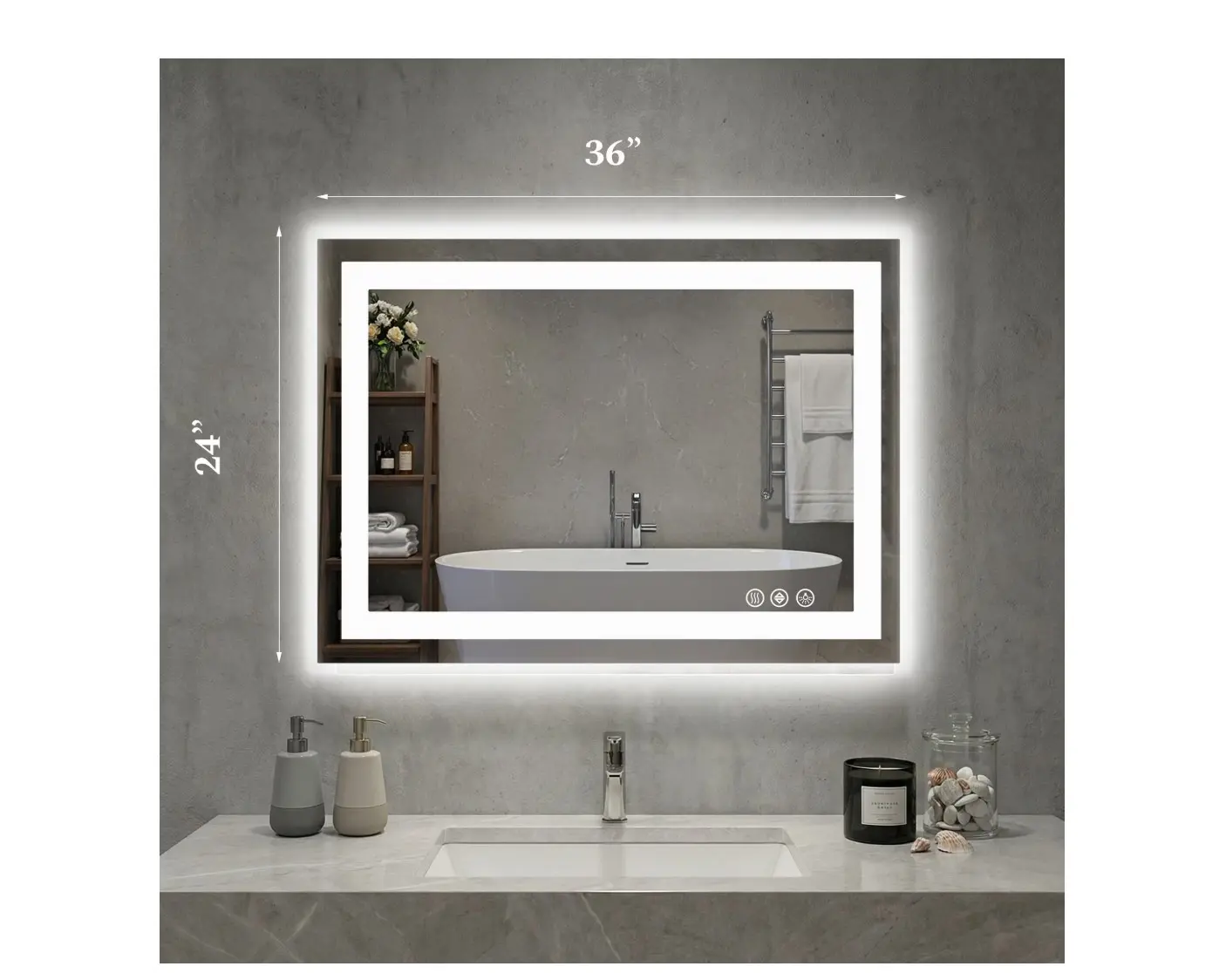 24"X36" Anti-fog LED Bathroom Mirror with Dual Light Source and Three Lighting Modes, White