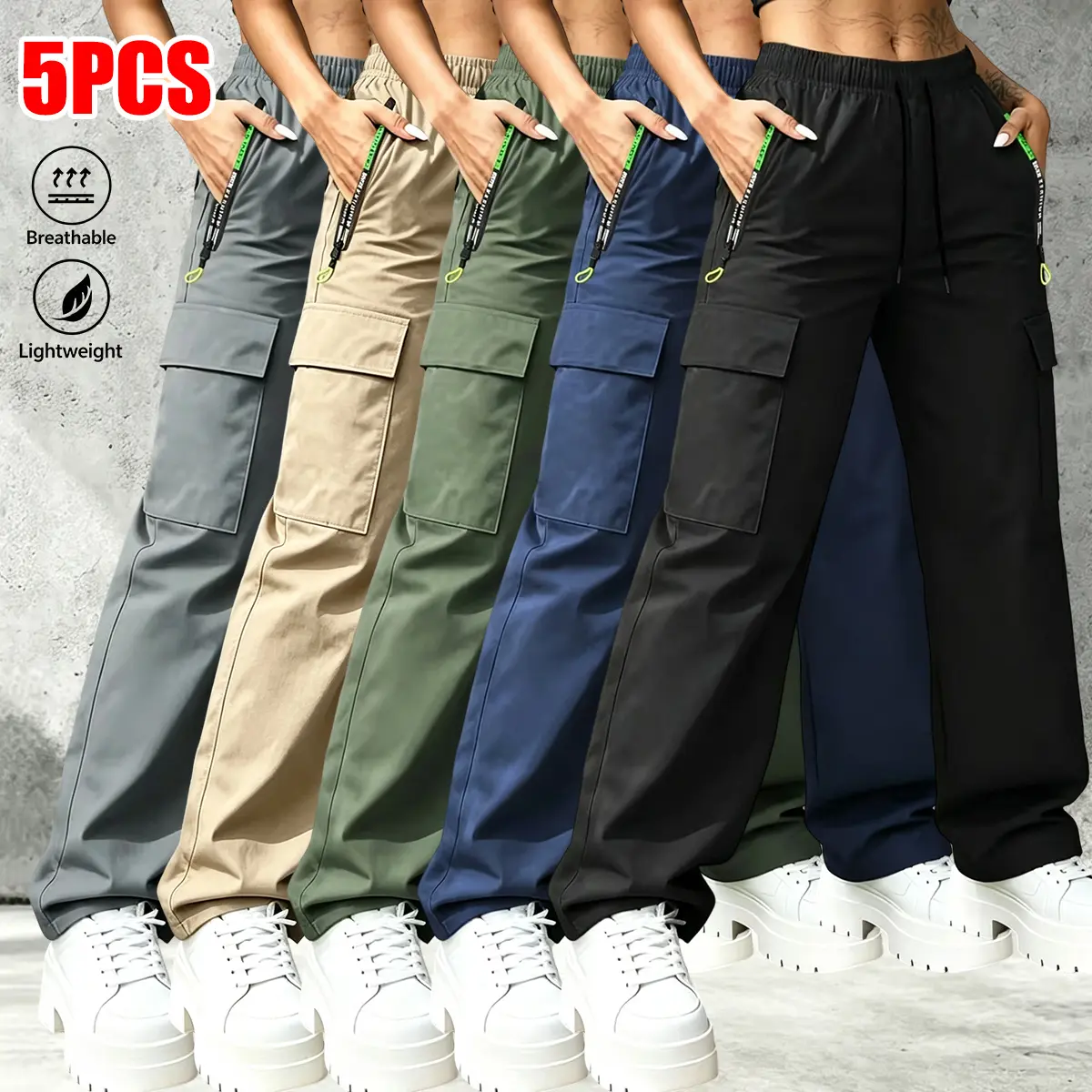 5-Pack Women’s Spring/Autumn Fashion Casual Athletic Lightweight Cargo Pants, Drawstring Waist, Zipper Pockets with Lettering, Solid Color Minimalist Design, Suitable for Outdoor Sports, Everyday Fashion Outfits, etc.