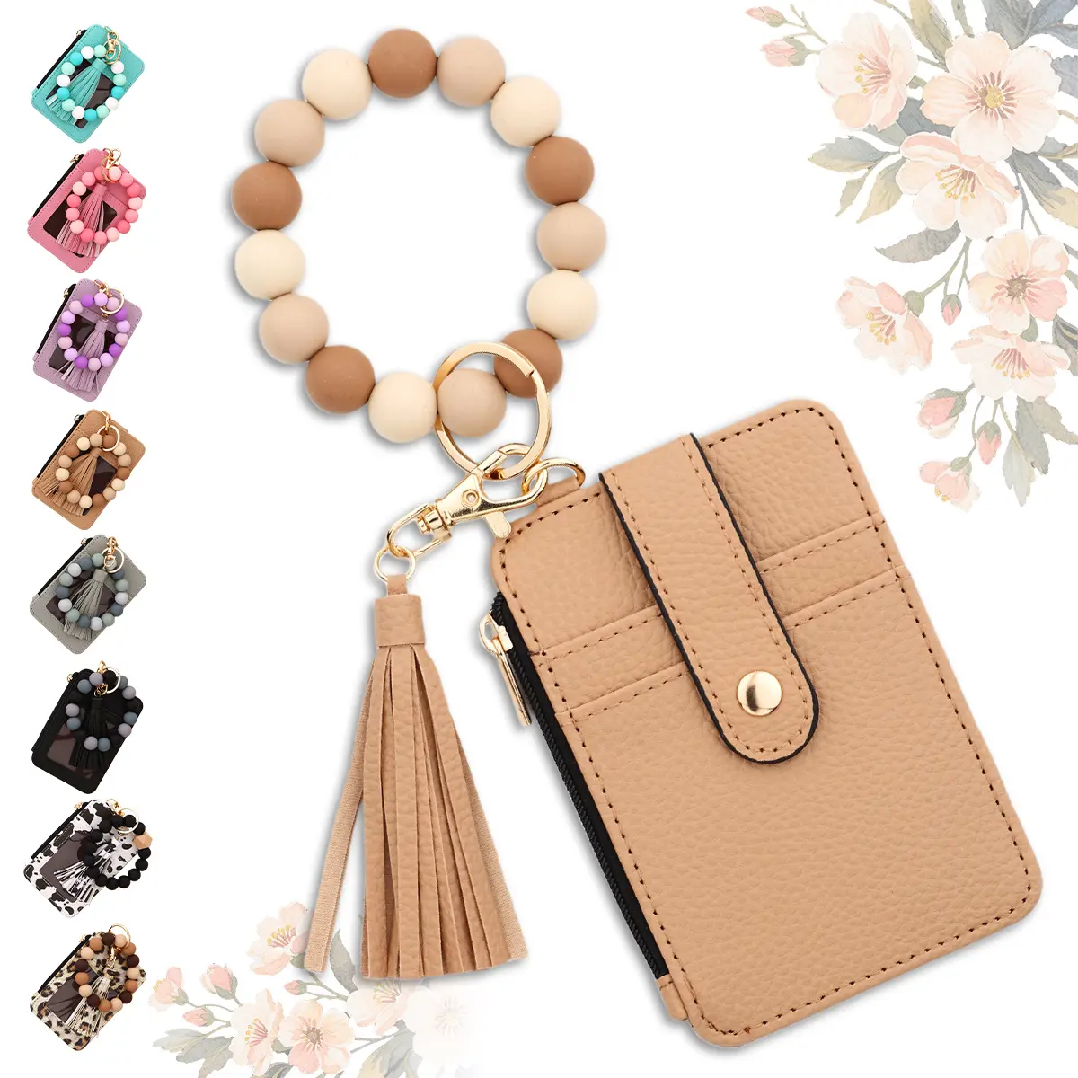 Women's Silicone Beaded Keychain Wristlet Wallet, Aesthetic Credit Card Holder with Card Slots & Floral/Leopard Prints, Key Ring Bracelet Organizer Protector, Gifts for Adults Purses (Free Gift & Shipping, Mother's Day Idea)#SummerVibes, Card Organizer Pr