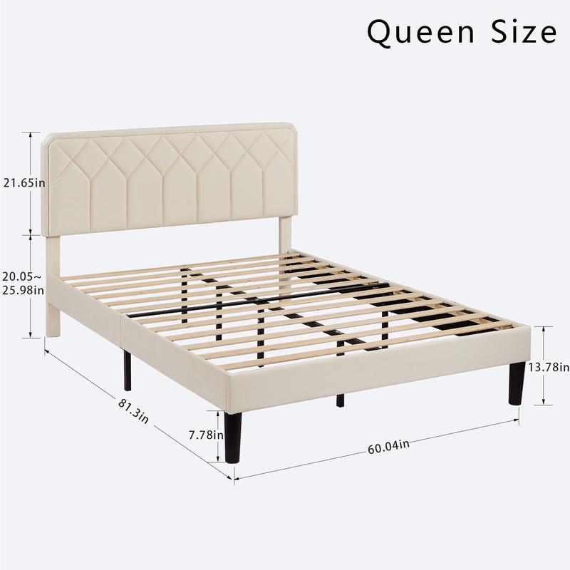 VECELO Upholstered Bed Frame Platform Queen Twin Full Size Bed with Velvet Headboard Strong Wooden Slats Noise-Free,No Box Spring Needed,Easy Assembly