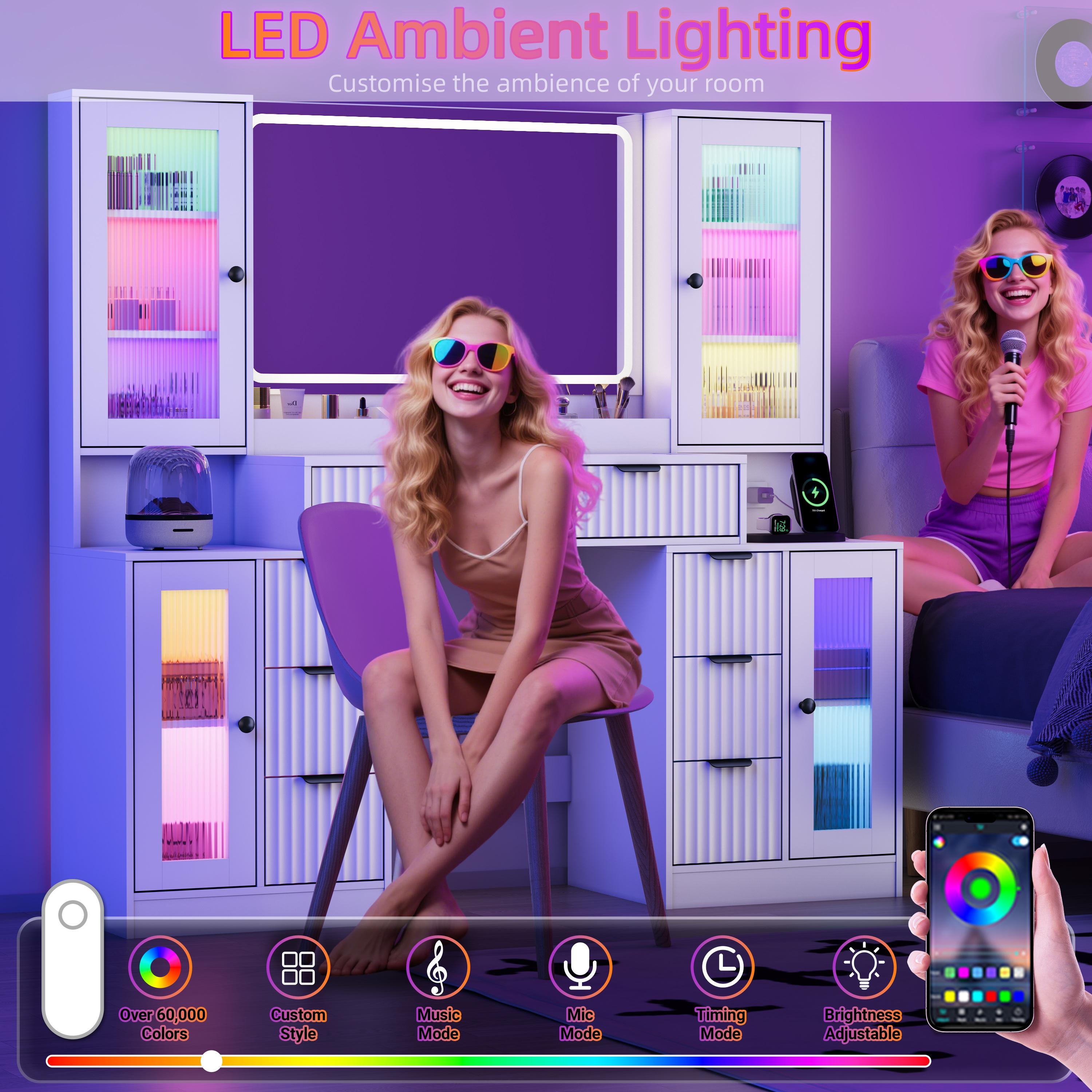 Fluted Makeup Vanity Desk with Mirror and Lights, 55" Glass Top Vanity with 8 Drawers & 4 RGB Glass Cabinets, Adjustable Shelves & Power Outlet, Modern Dressing Table for Women Girls Bedroom, Oak