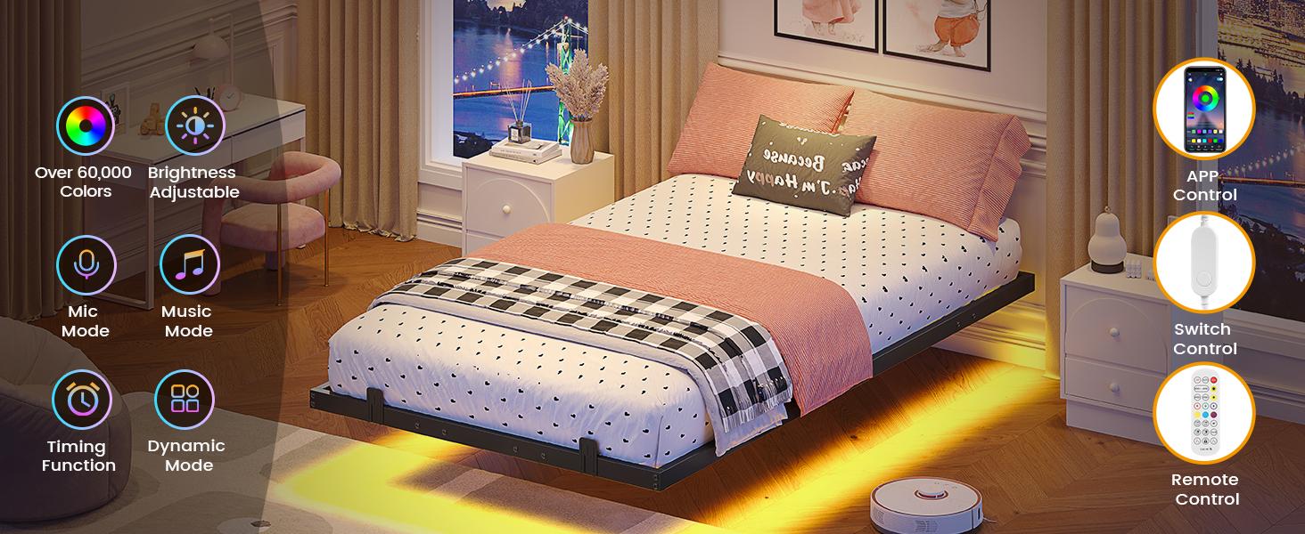 Sikaic Metal Floating Bed Frame with LED Lights, No Box Spring Needed, Easy to Assemble, Black, bed storage Kids Bedroom Furniture Durable Sikaic Metal Floating Bed Frame with LED Lights, No Box Spring Needed, Easy to Assemble, Black, bed storage Kids Bedroom Furniture Durable