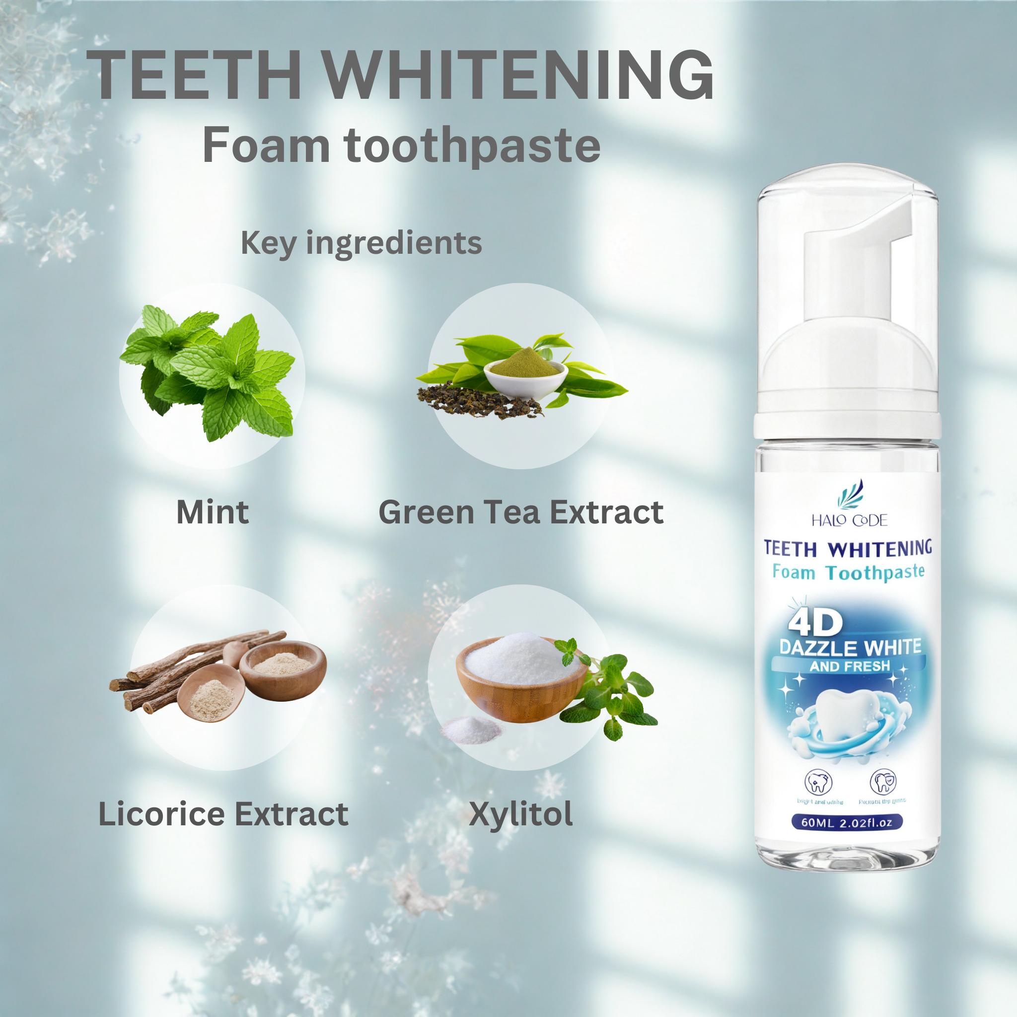 Halo Code 4D Dazzle White Foam Toothpaste,Get Whiter Teeth in Just 7 Days! Whitening, Sensitivity Relief & Fresh Breath All-in-One! natural oral health gentle mint snow removal cleaning improves xylitol strips care