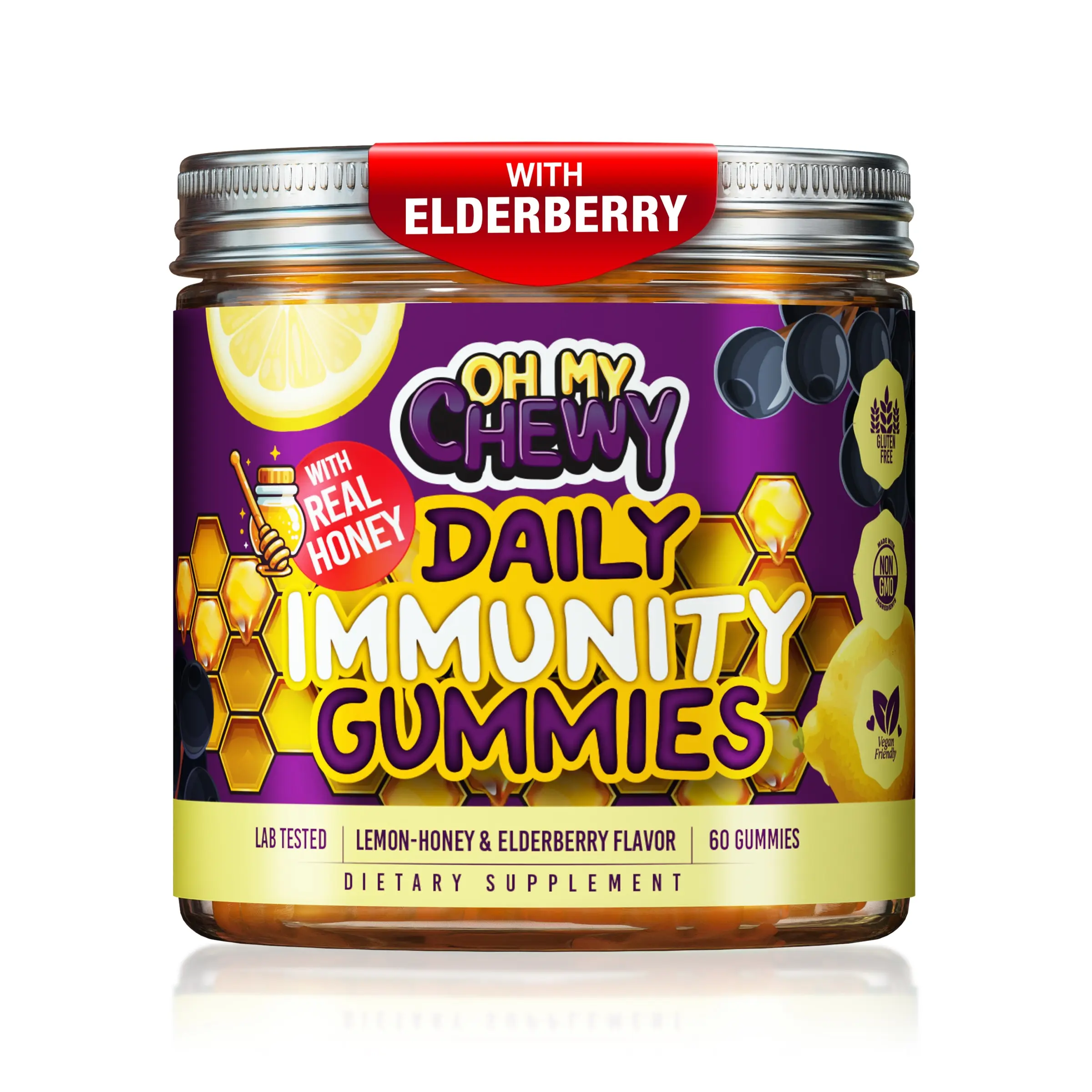 OH MY CHEWY Center-Filled Elderberry Gummies Natural Dietary Supplement - Low Sugar, Chewable Immune Support with Real Honey, Vitamin C, Echinacea, Zinc, Lemon-Honey Flavor, 60 CT, Gluten-Free, Dairy-Free, Prop 65 Safe (for Adults)