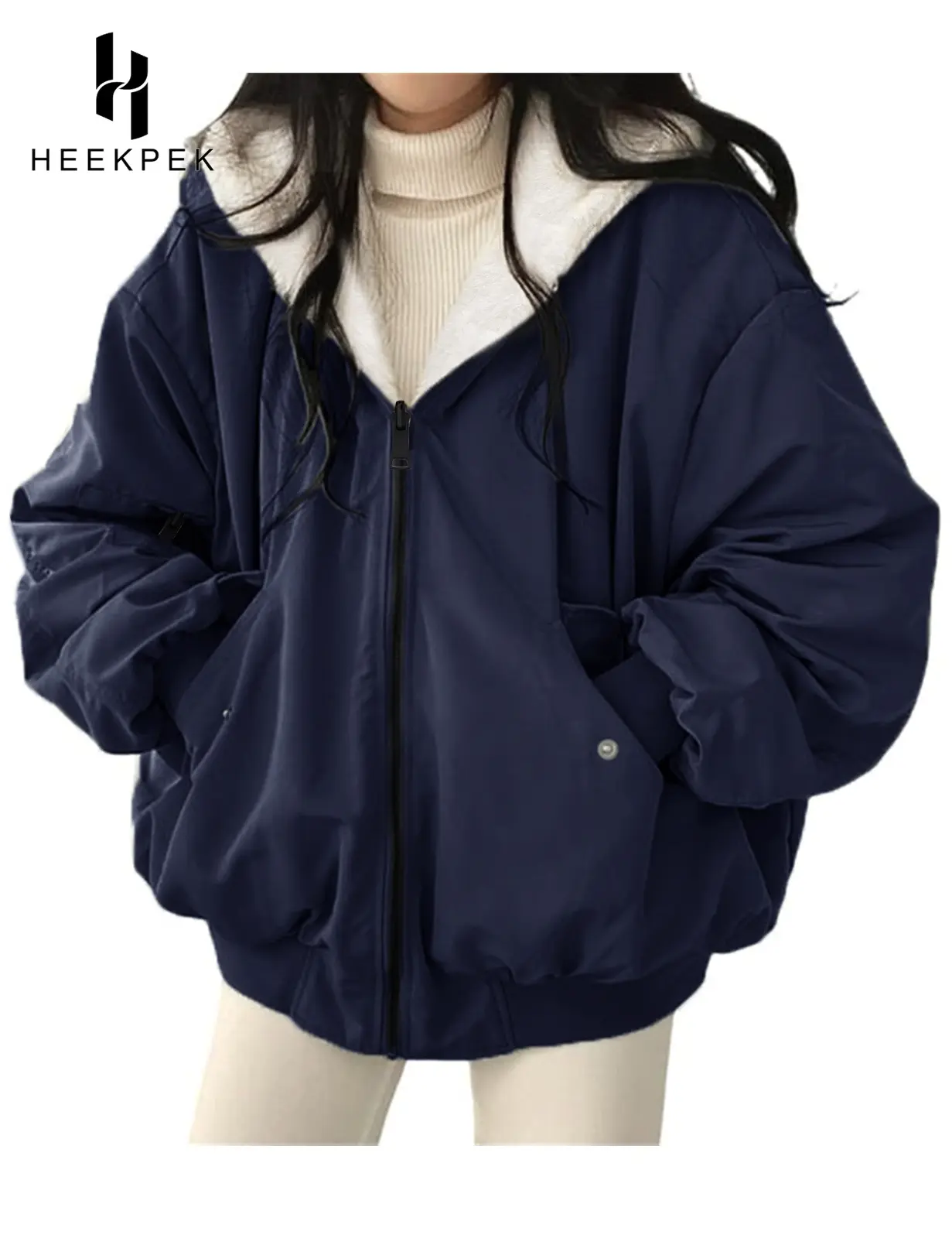 【Off-Season Clearance】HEEKPEK Women's Reversible Coat Warm Winter Hooded Fleece Lined Jacket Zip Up Outerwear with Pockets, Warm Faux Fur Lining Unisex
