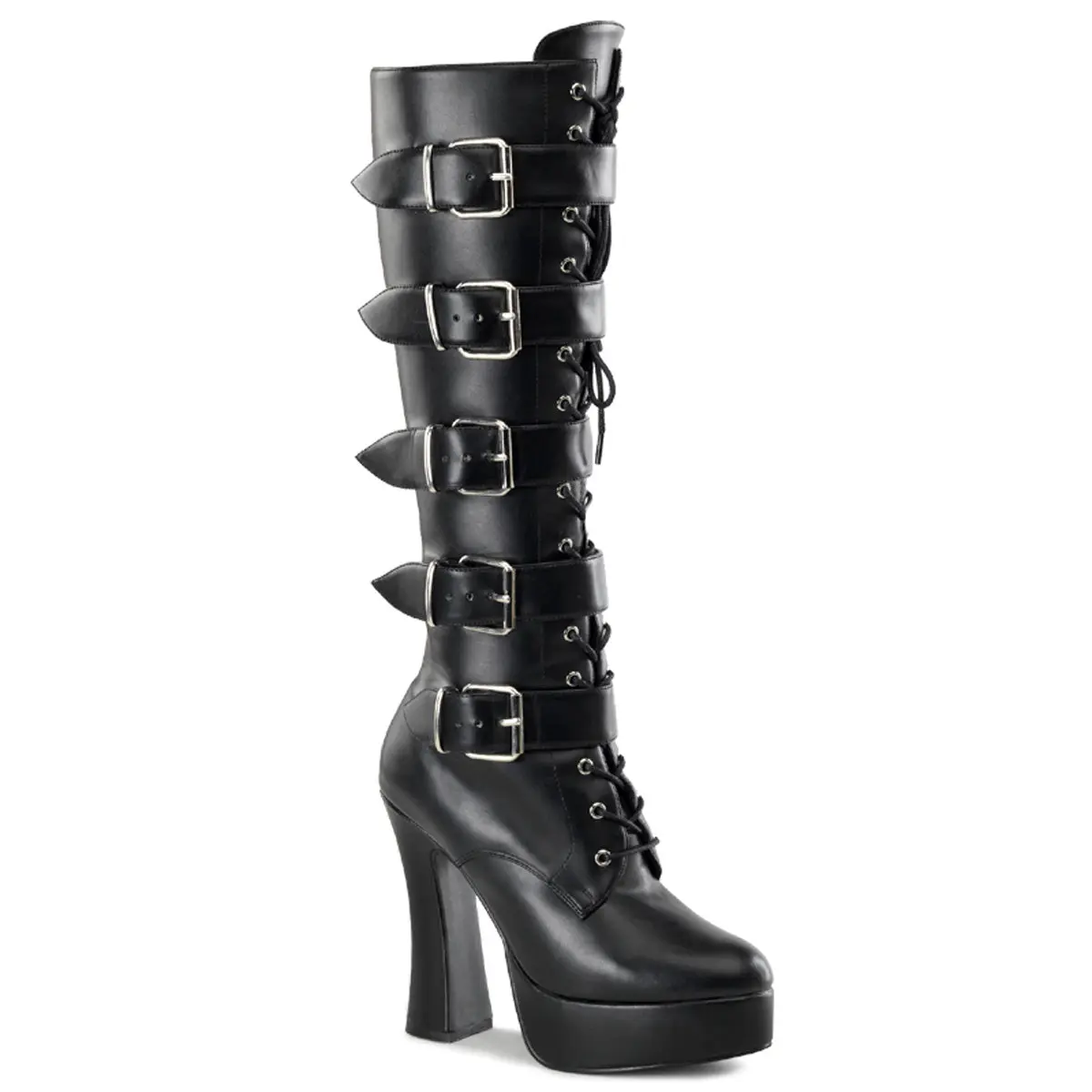 Women's Black Vegan Leather Knee-High Platform Boots - Stylish Buckle Detail, Comfortable Statement Shoe, Alternative Style, Cool Girl Aesthetic (Electra-2042), Footwear, Comfortable Heels, Statement Shoes, Platform Heel, Synthetic, Stacked Heel, Zip