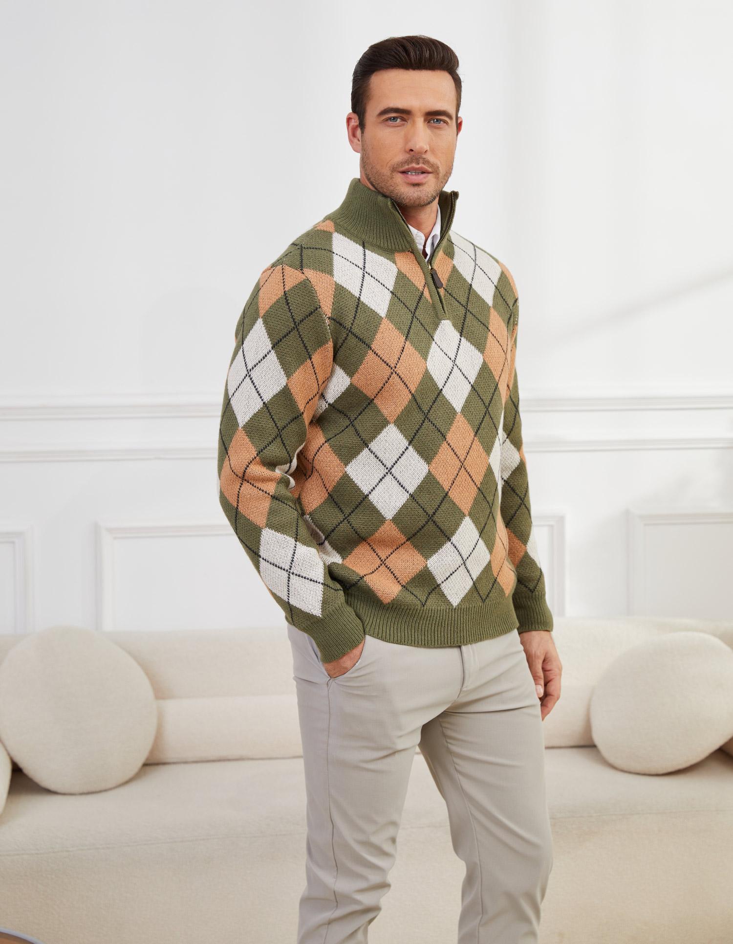 Zaitun Men's Argyle Pattern Quarter-Zip Sweater Polo Zip Up Pullover Cable Knit Turtleneck Tops Long Sleeve Casual Friday Springtok Knitwear Fashion Menswear