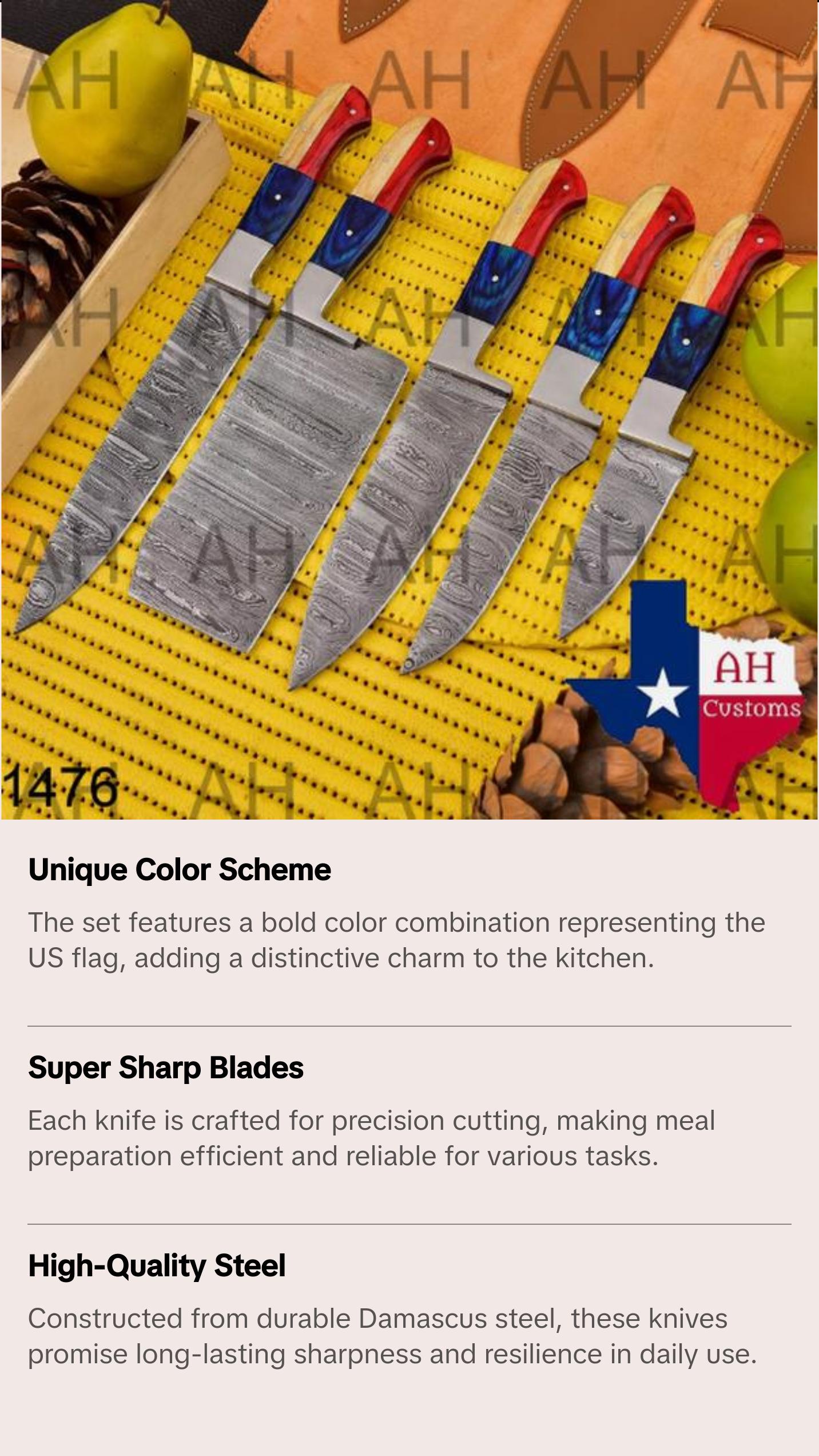 Handmade Damascus Steel Chef's Knife Set in US Flag Colors, Set of 5 Pieces with Meat Cleaver, Bread Knife, and Gift for Him or Her, Sharp Knives, Kitchen Knives. 1476 Chef Knife Knife Block Block Blade