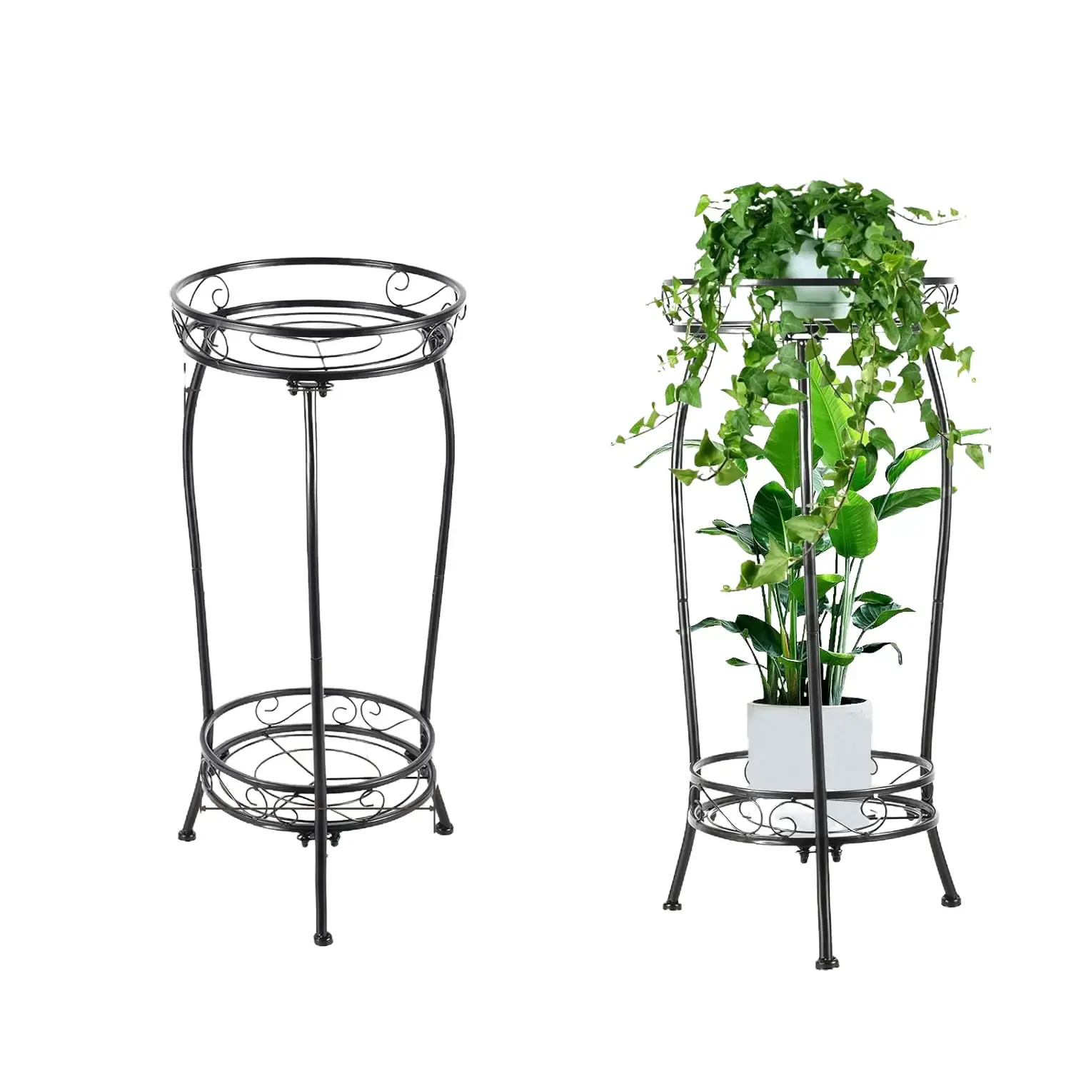 2-Tier Black Metal Planter Rack, 27.1in Tall Rustproof Heavy-Duty 3-Leg Structure, Indoor-Outdoor Dual-Use Plant Stand for Farmhouse Style Home, Easy Setup Storage Organization Flower Pot Holder