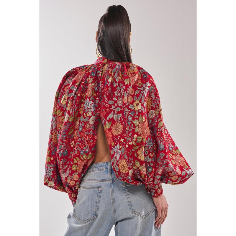 ETHEREAL FLORAL PUFF SLEEVE BROCADE TOP