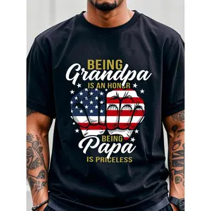 Men's Black Short Sleeve Crewneck T-Shirt - "Being Grandpa Is An Honor, Being Papa Is Priceless" American Flag & Heart Graphic, Patriotic Father's Day Gift, Comfortable Casual/Special Occasion Top for Grandfathers Tshirt