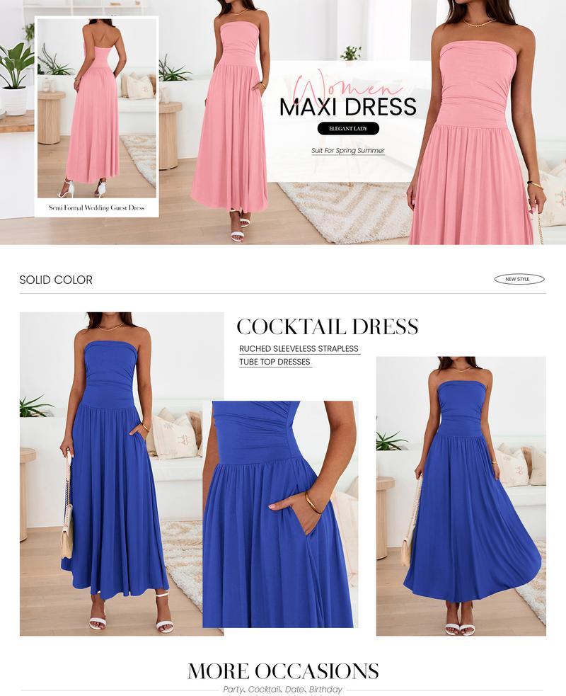 BTFBM Women Strapless Tube Top Dress Summer 2026 Sleeveless Ruched Flowy Cocktail Wedding Guest Maxi Dresses with Pocket