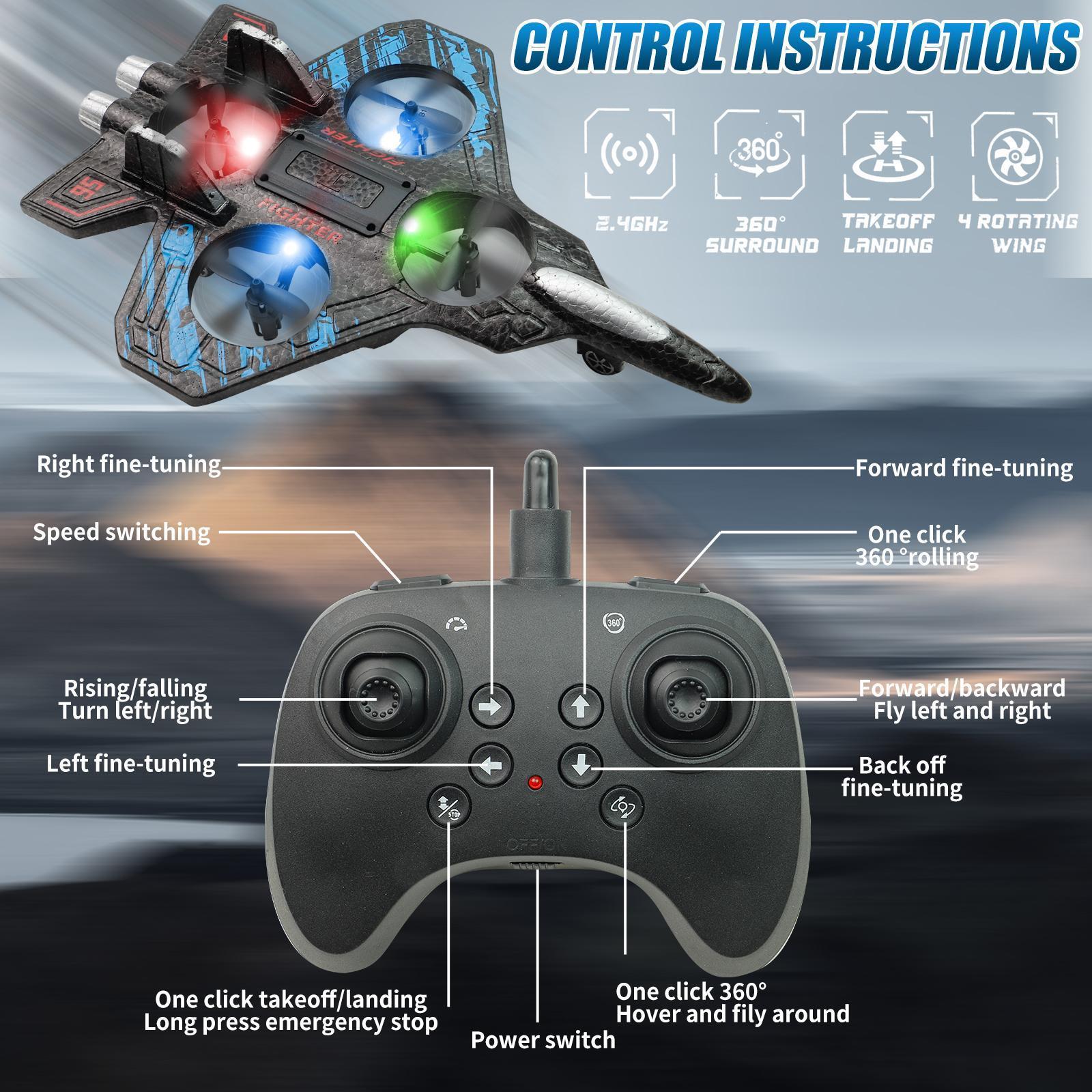 Remote Control Jet Airplane Toy for Kids 360° Stunt Rolls, LED Lights, Easy Flying RC Aircraft