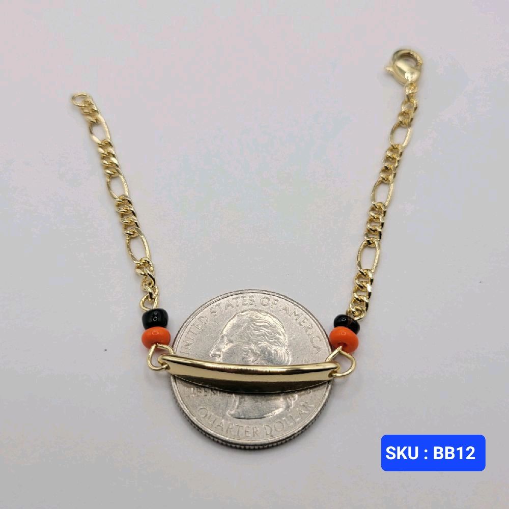 Baby Bracelet Orange and Black Adjustable Laminated-Gold 6 inches 3mm chain 5mm plate for Small Kids Protection Jewelry