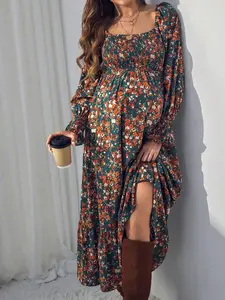 Maternity Floral Print Square Neck Long Sleeve Ruffle Hem Dress For Spring And Fall