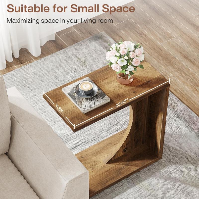 LITTLE TREE C-Shaped End Table, C Table for Sofa, Small Over Couch Tray, Side Table for Living Room, Bedroom, Rustic Brown (Only 1 PC)