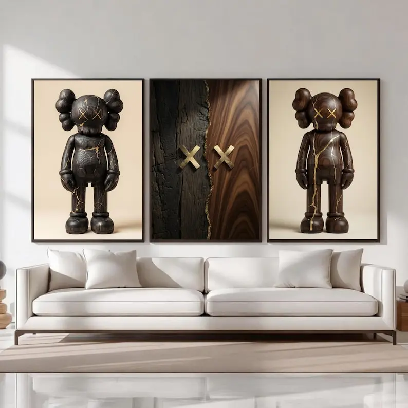 Kaws Poster Set of 3 Print Paper Unframed Kaws Wall Art, Hypebeast Decor, Luxury Wood Wall Art Set, Kaws Style Poster, Modern Home Decor Gift Idea