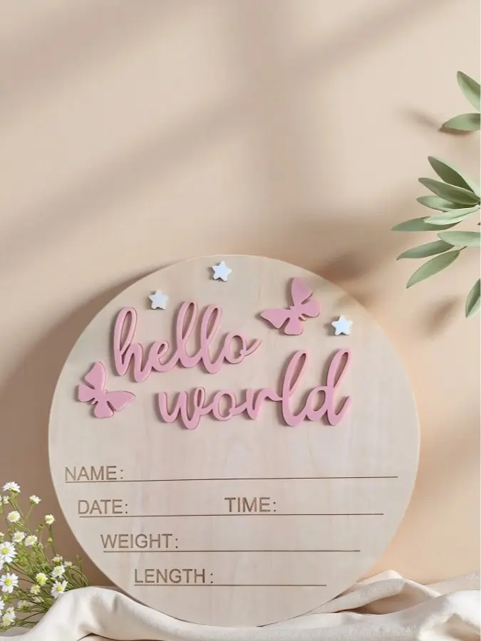 Newborn Photography Prop Hello World Baby Birth Announcement Board Wooden Baby Name Sign Baby Keepsake Baby Shower Easter Gift Unisex