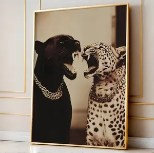 Panther and leopard print, chic trendy gold animals artwork, maximalist cheetah poster, luxury large room printable wall art