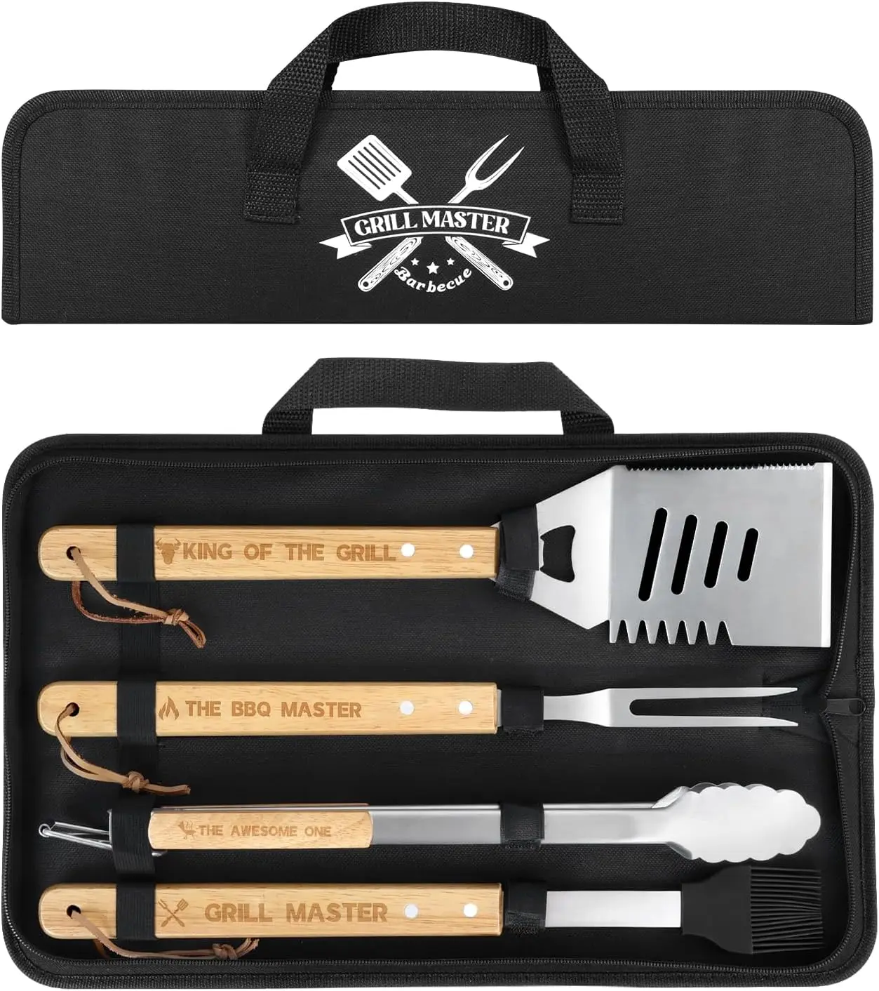 Coralogo 4PCS Sturdy Stainless Steel BBQ Grilling Utensils Set with Woody Handles - Tongs, Fork, Spatula, Brush, Portable Carrying Bag - Outdoor Cooking, Ideal Present for Dad, Indoor Kitchen Accessories, Gifts