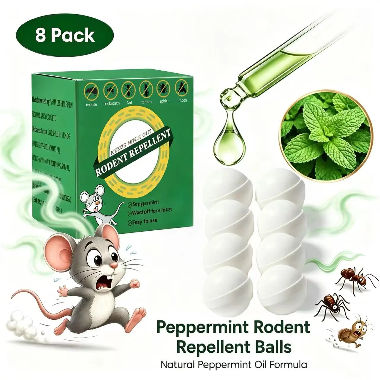 Rodent Mouse Repellent,8 Pack Peppermint Oil Rat & Mice Repellent, Natural Moth Balls for Rodents Deterrent, Safe for Pets & Humans, Indoor & Outdoor Use, Keep Rodents Away from Garden & Home