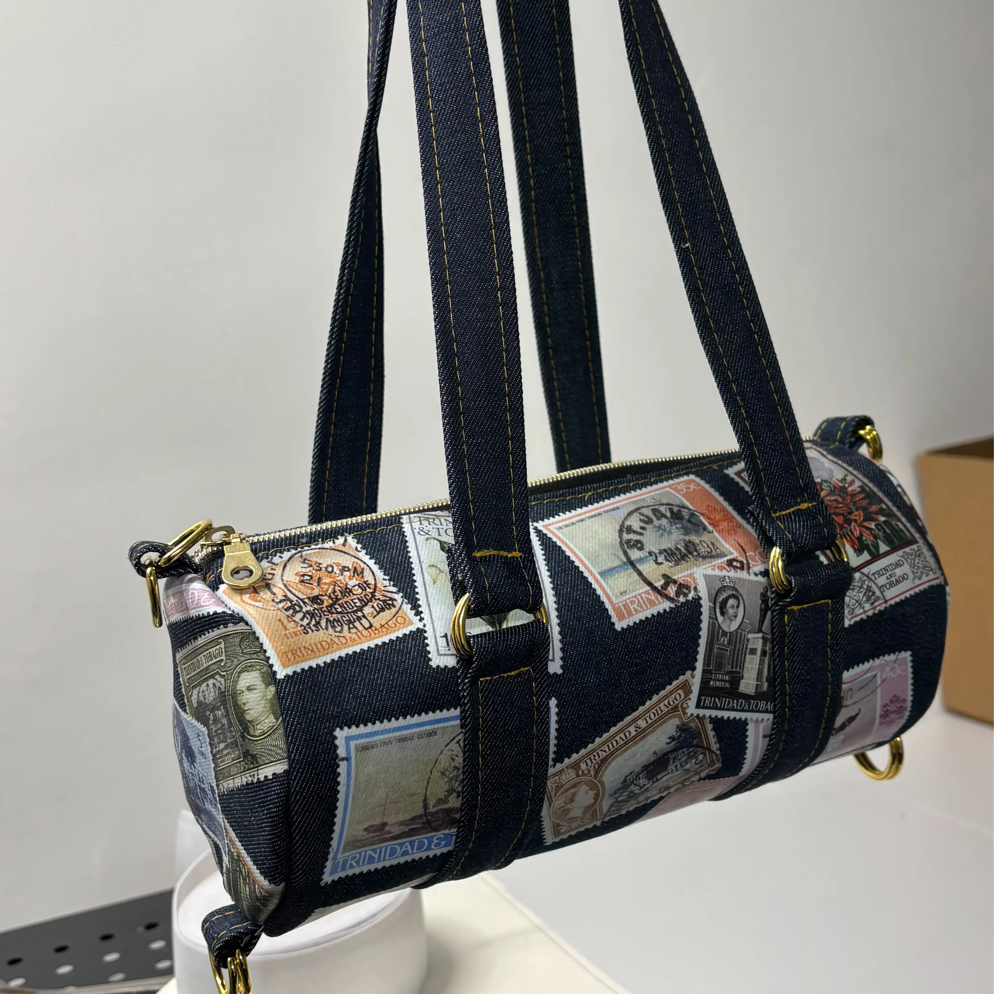 Denim Trinidad Vintage Postage Mini Duffle - Barrel Bag