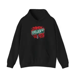 Stelzer Rd Street Sign Hoodie | 'Real Deal Baby' Graphic Back