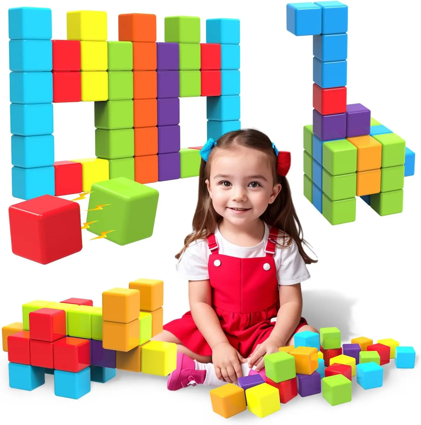 Magnetic Building Blocks - 35-Piece 1.21-in Large Bright and Vibrant Magnetic Stacking Blocks, Montessori Sensory Toddler Toys, Gifts for 3-5 Year Old Girls