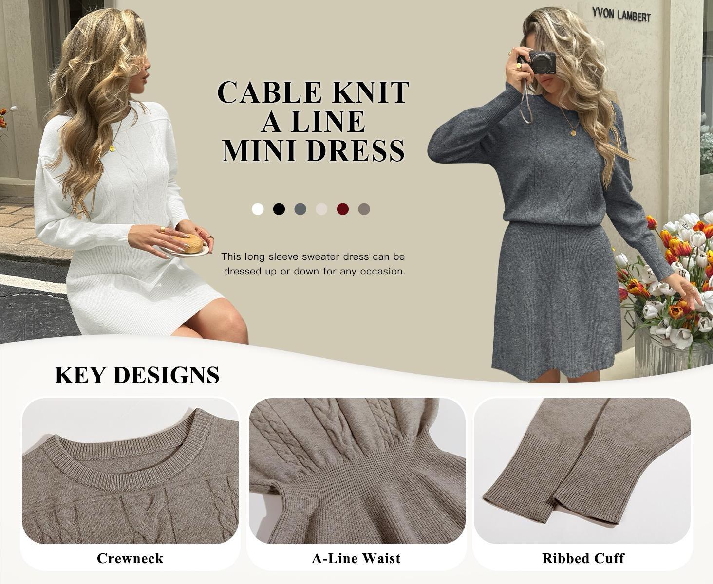 Saodimallsu Womens Puff Long Sleeve Sweater Dress Cable Knit A Line Crew Neck Fall Casual Flare Mini Dresses SpringStatements