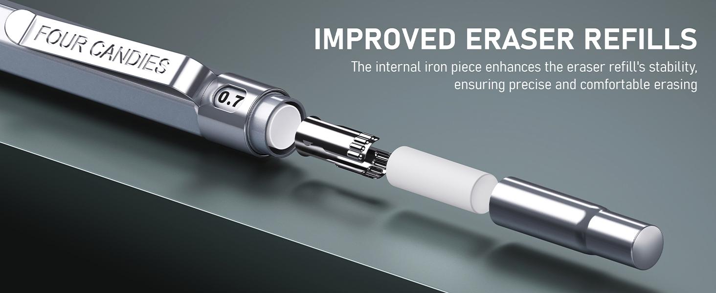 Four Candies 4PCS Metal Mechanical Pencils Set with Case, 0.5mm & 0.7 mm Artist Pencil with 8 Tubes (480PCS) HB Lead Refills, 3 Erasers,9 Eraser Refills For Writing Drafting, Drawing, Black&Sliver