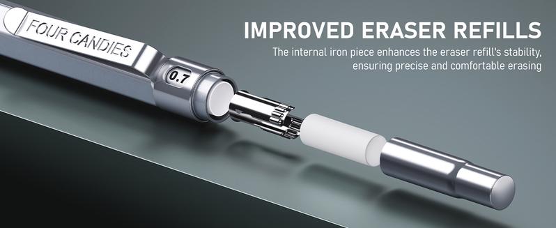 Four Candies 4PCS Metal Mechanical Pencils Set with Case, 0.5mm & 0.7 mm Artist Pencil with 8 Tubes (480PCS) HB Lead Refills, 3 Erasers,9 Eraser Refills For Writing Drafting, Drawing, Black&Sliver