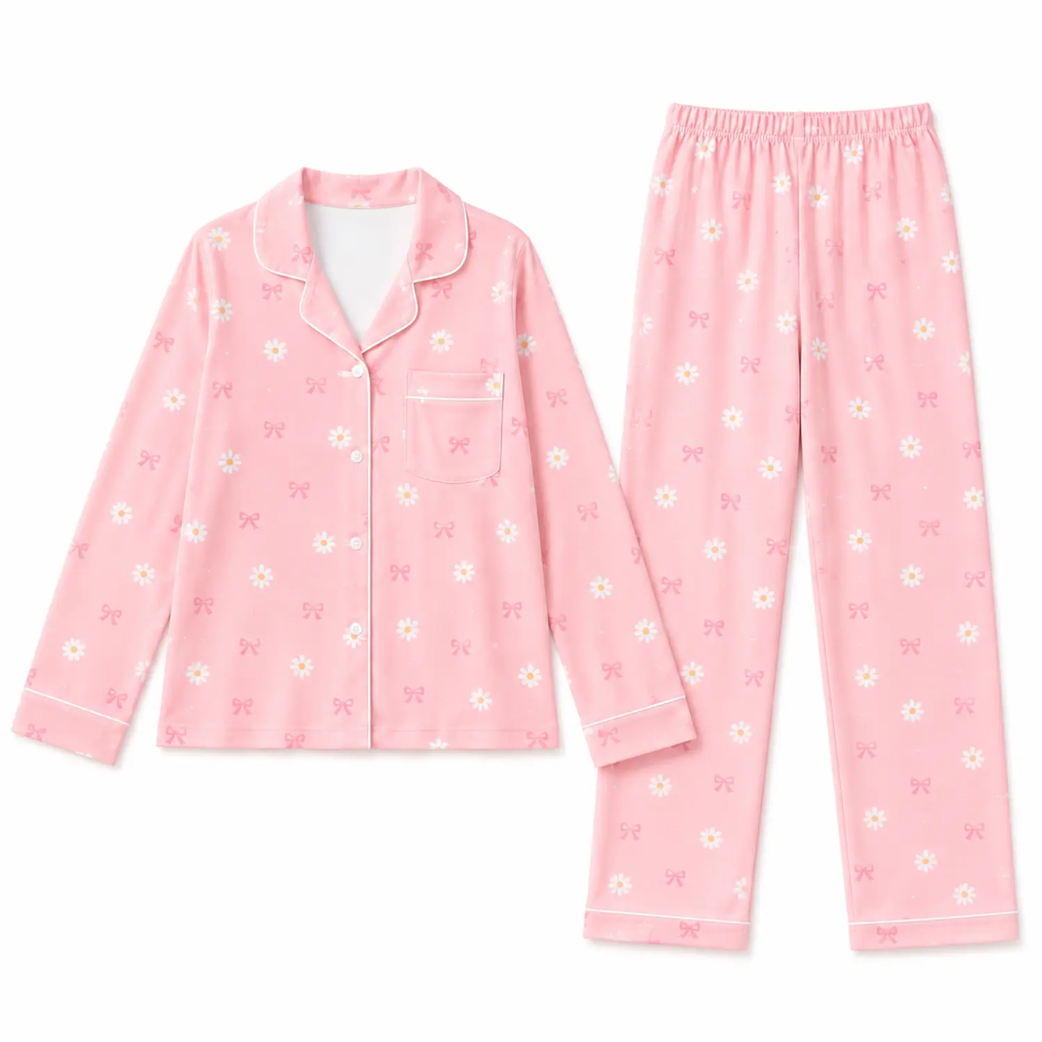 Pink Floral Bow Print Long Sleeve Button Front Pajama Set with Pocket and Elastic Waist Pants for Cozy Autumn Winter Sleepwear