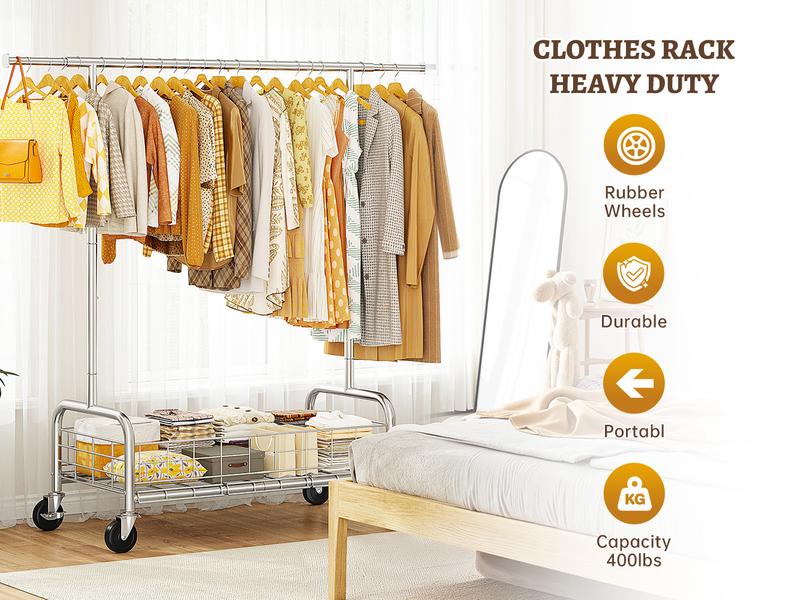 Raybee Clothes Rack Load 400 LBS, Rolling Heavy Duty Clothes Rack with Sturdy Wheels & Basket, Portable & Adjustable & Commercial Garment Rack, Chrome