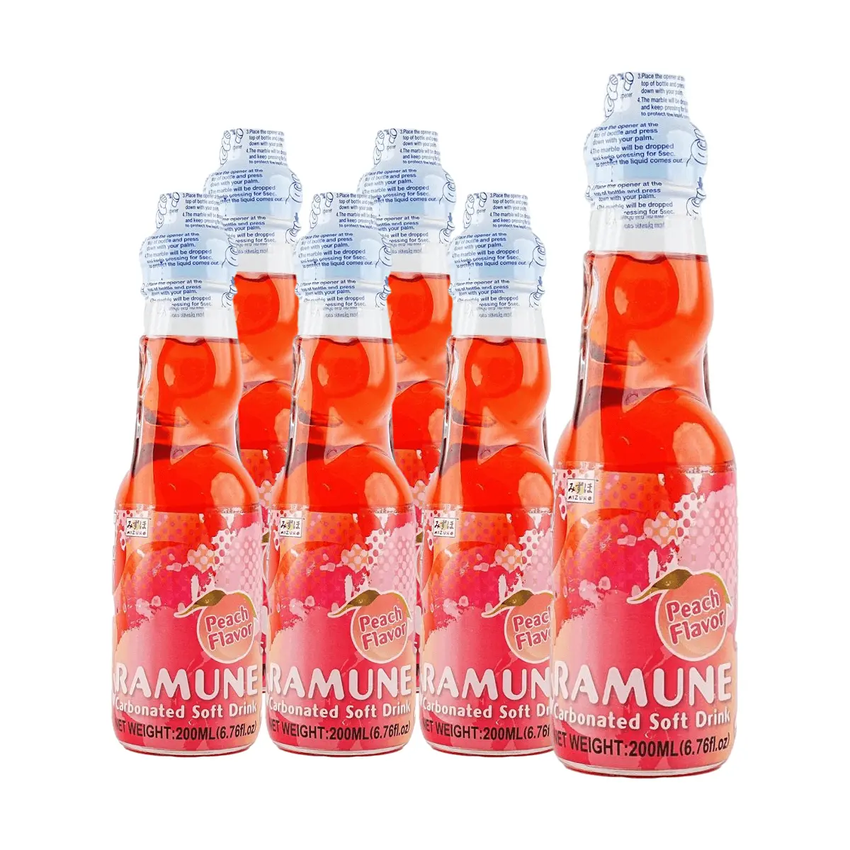 6 Pack Japanese MIZUHO Ramune Marble Soda Peach Flavor 6.76 fl oz Each - Fun Japanese Drink