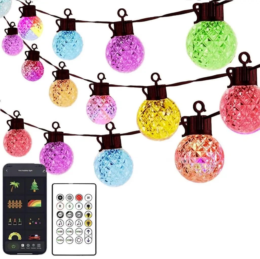 LED String Lights, 25 RGB Color Changing Bulbs, Bluetooth App Control, IP65 Waterproof, 8 Scene & 4 Music Modes, 15ft Globe Lights for Patio, Backyard, and Party Decor