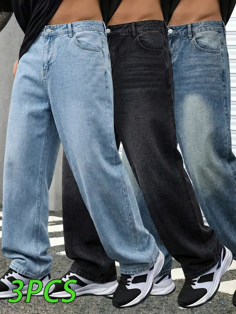 Men’s 3 pack jeans: men’s casual straight leg loose denim pants, black washed finish, abrasion resistant non stretch fabric, perfect for everyday wear.