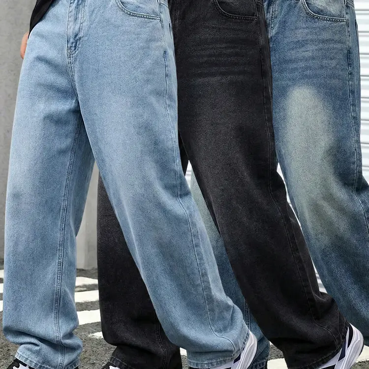 Men’s 3-Pack Plain Pocket Woven Jeans - Casual Straight Leg Loose Fit, Black Washed, Abrasion-Resistant Non-Stretch Denim Pants, Ideal for Everyday Wear | Menswear Male Clothing Clothes Products,sohochic