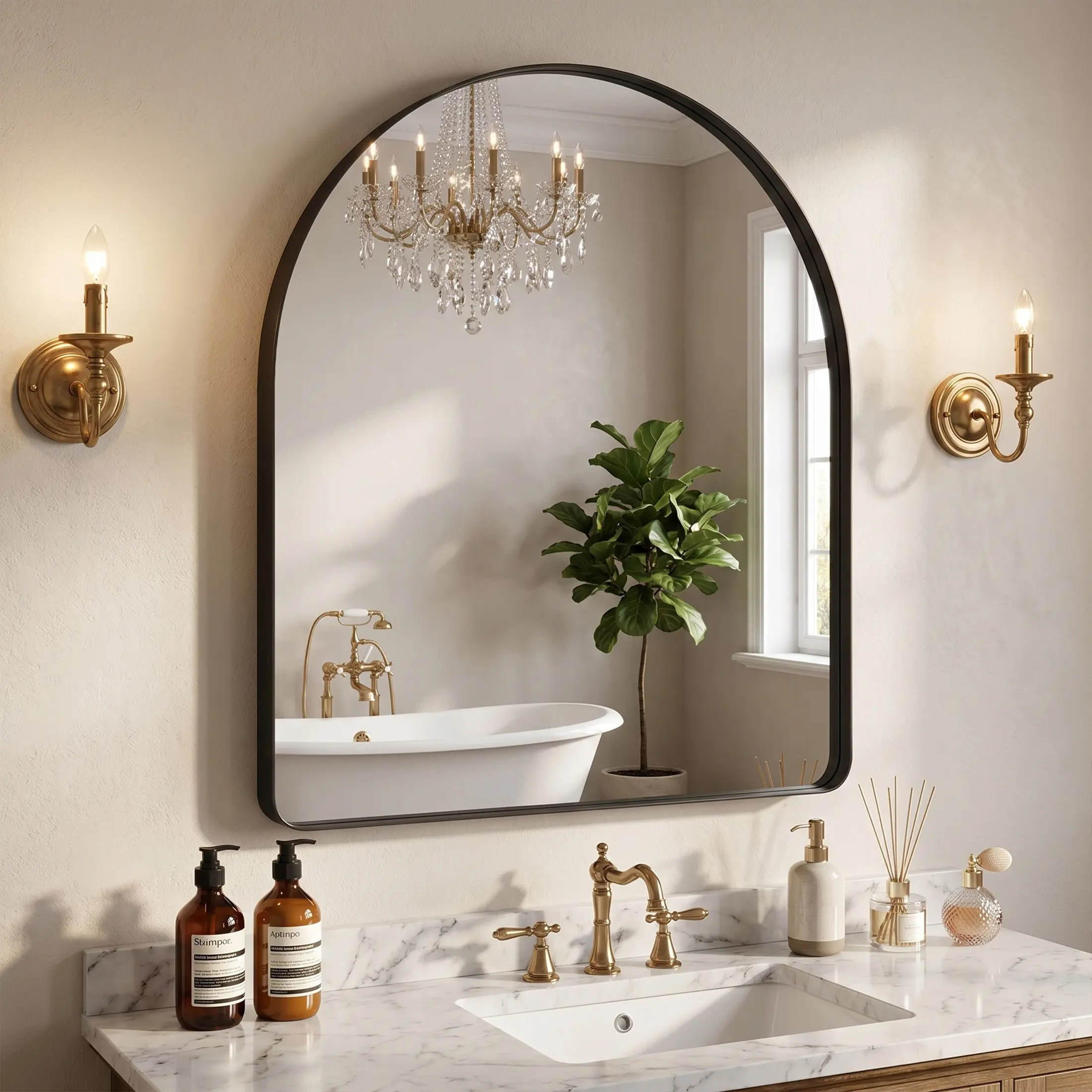 Sweetcrispy S-Bathroom Mirror for Wall Aluminum Alloy Framed Mirror, Arched Top Bathroom Vanity Mirror for Living Room, Bedroom, Mantel, Entryway, and Hallways