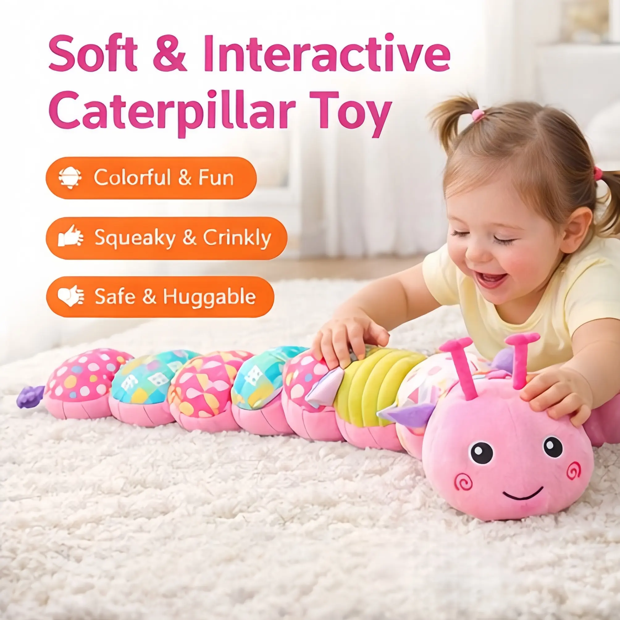 Soft & Interactive Caterpillar Baby Toy with Teething Antennae, Squeaky & Crinkly Plush, Sensory Tummy Time Toy for Babies & Toddlers