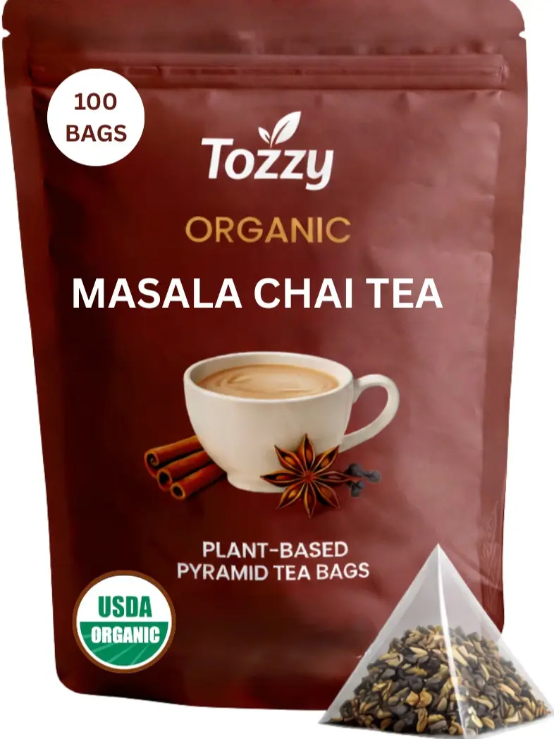 Tozzy Organic Masala Chai Black Tea | 100 Count Plant-Based Pyramid Tea Bags
