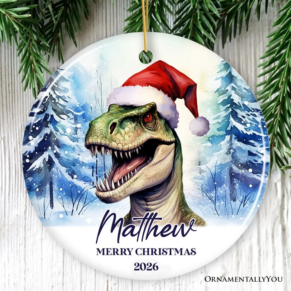 Dinosaur with Santa Hat Personalized Ornament, Winter Forest Christmas Gift With Custom Name and Date